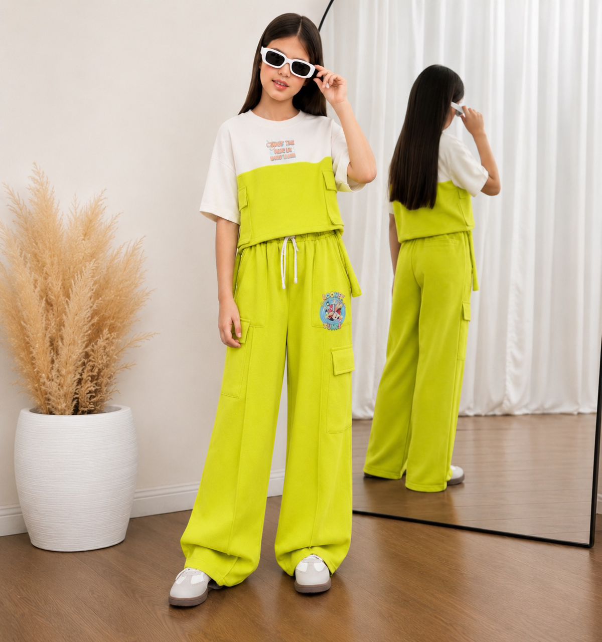 Girls' Premium 2-Piece Loungewear Set – Pastel Yellow Cargo Wide-Leg Pants