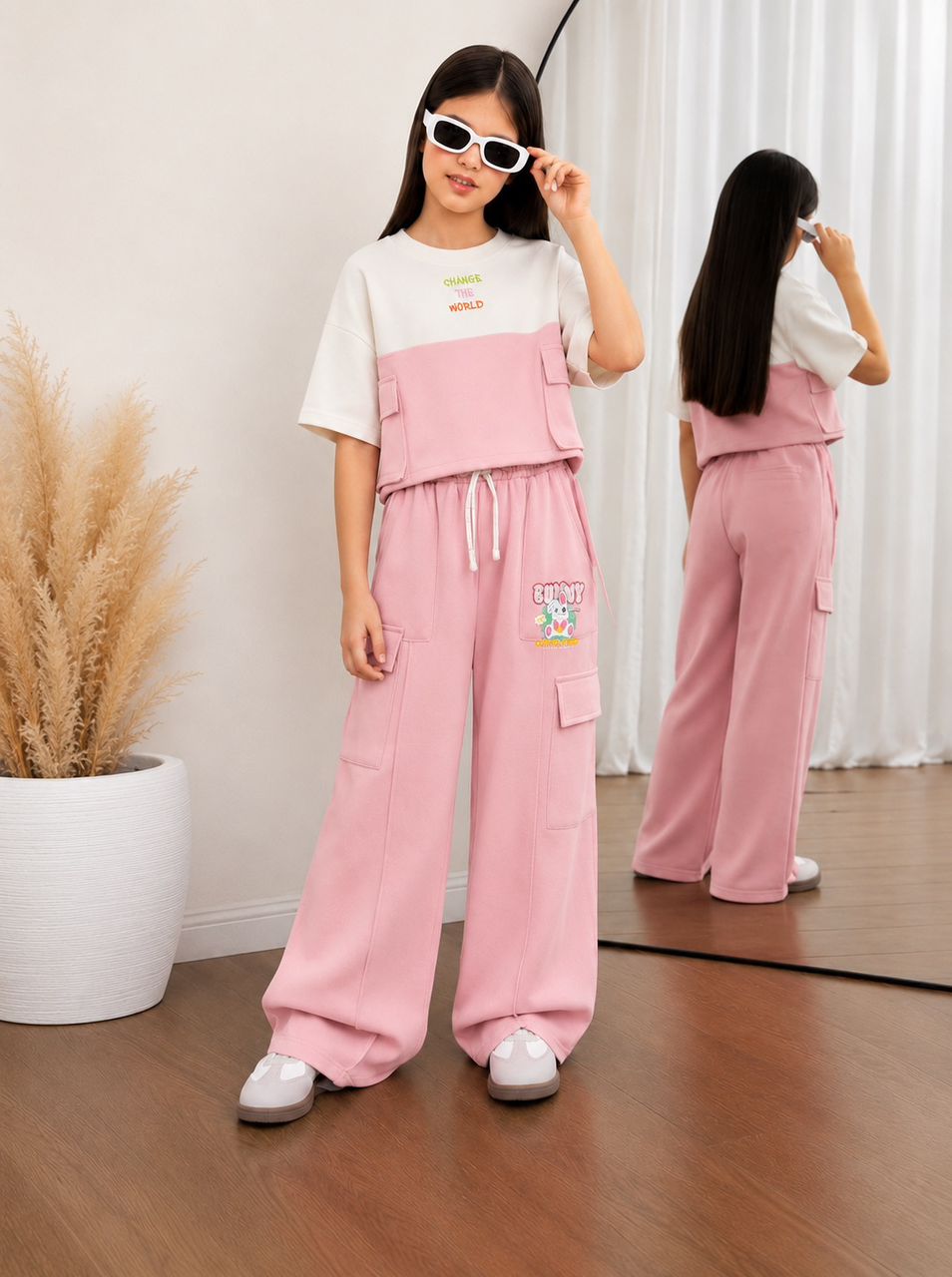 Girls' Premium 2-Piece Loungewear Set – Pastel Baby Pink Cargo Wide-Leg Pants (Copy)