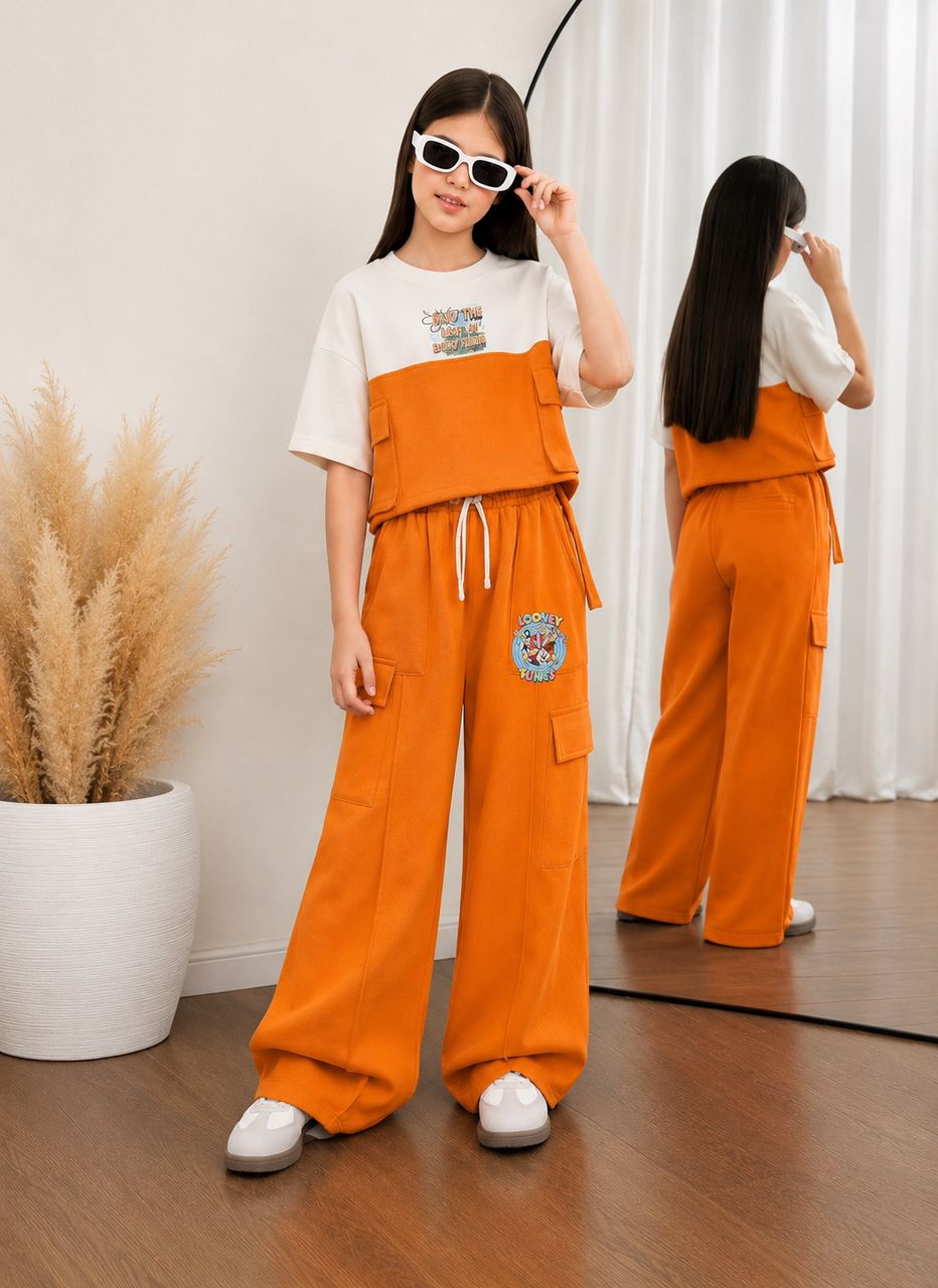 Girls' Premium 2-Piece Streetwear Loungewear Set – Pastel Lime Green Cargo Wide-Leg Pants