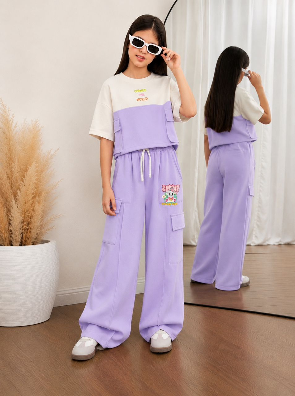 Girls' Premium 2-Piece Loungewear Set – Pastel Orchid Purple Cargo Wide-Leg Pants (Copy)