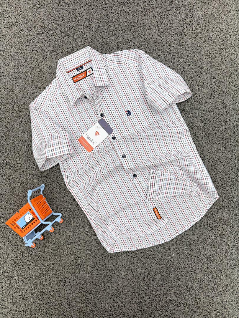 Smart Casual White, Navy & Red Windowpane Button-Down Top