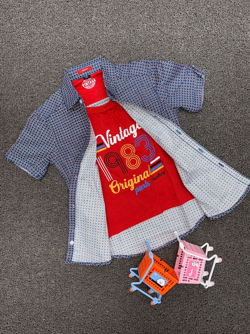 Royal Navy Mosaic Geometric Button-Down Shirt & Retro Graphic Inner Tee