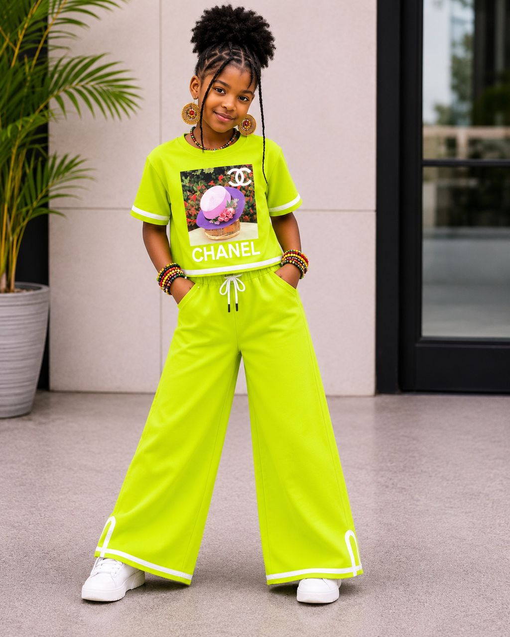 Girls' Premium 2-Piece Crisp Lemon Green Wide-Leg Pants & Cropped Graphic Tee Set