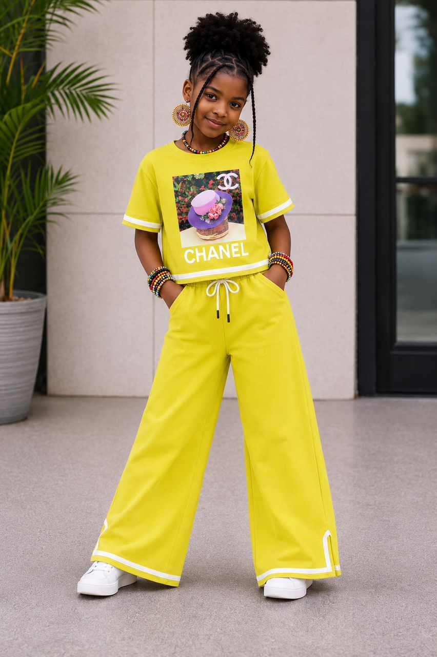 Girls' Premium 2-Piece Crisp Yellow Wide-Leg Pants & Cropped Graphic Tee Set