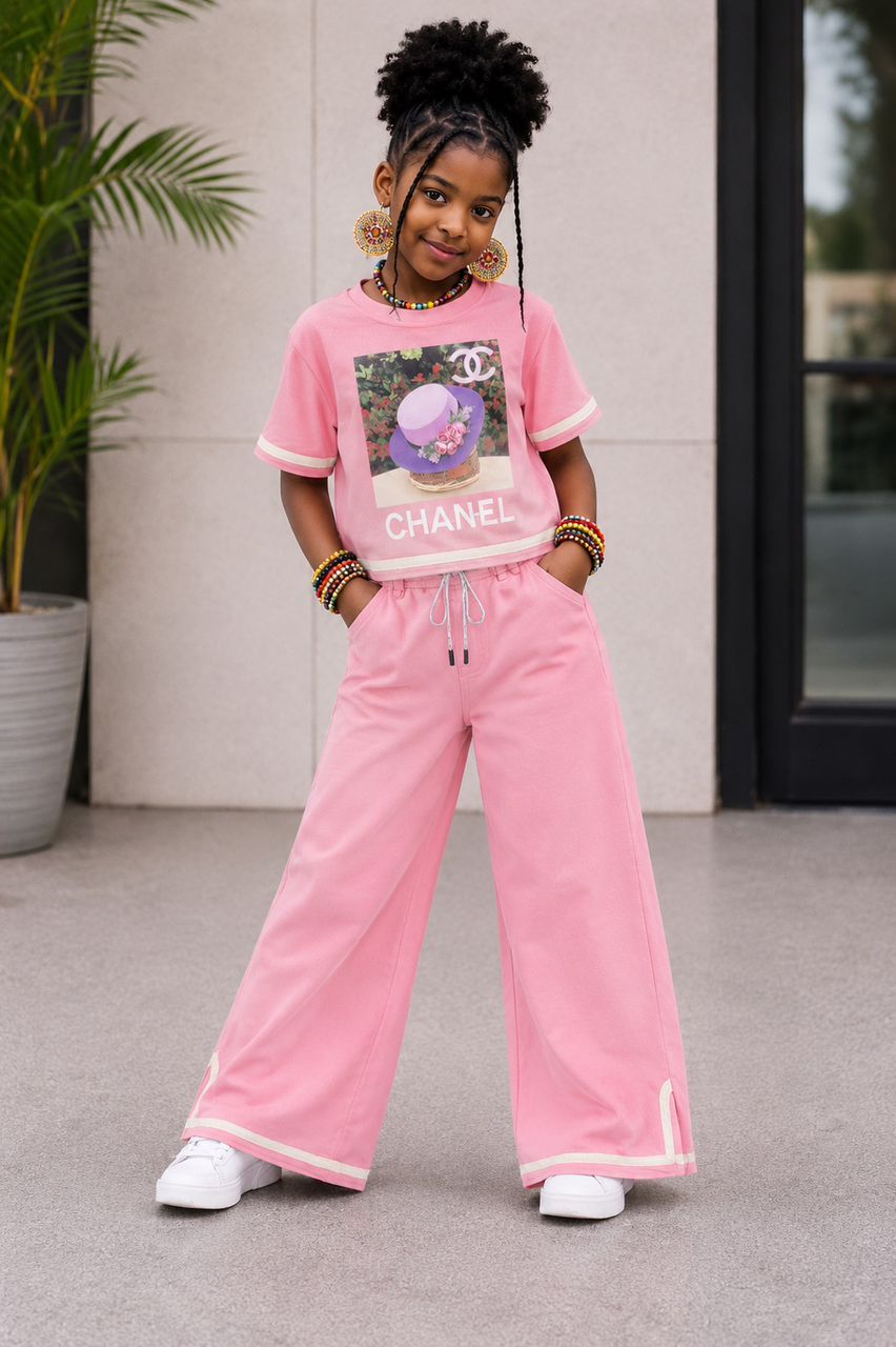 Girls' Premium 2-Piece Crisp Pink Wide-Leg Pants & Cropped Graphic Tee Set (Copy)