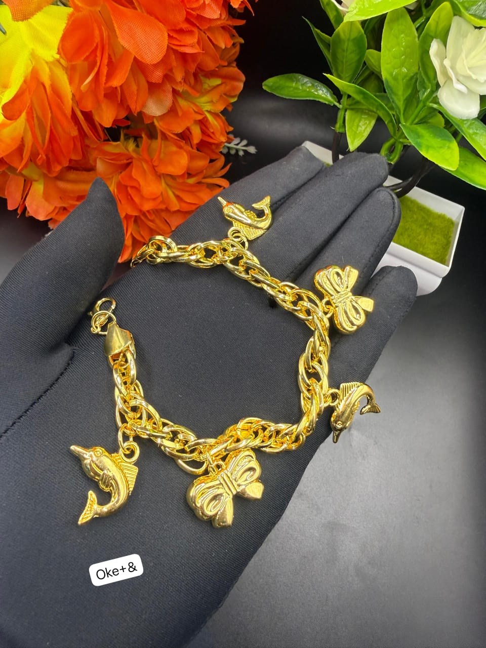 Premium Gold-Plated Chunky Marine & Bow Charm Bracelet