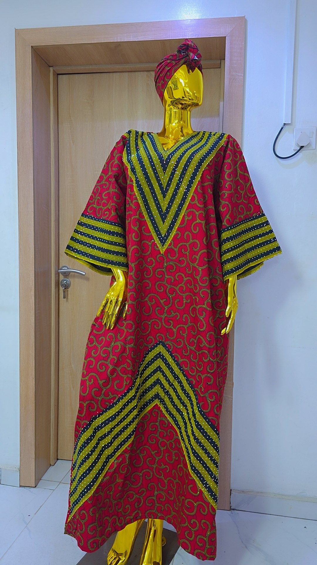 Luxury Floor-Length Ankara Bubu Kaftan – Crimson Red Filigree Scroll