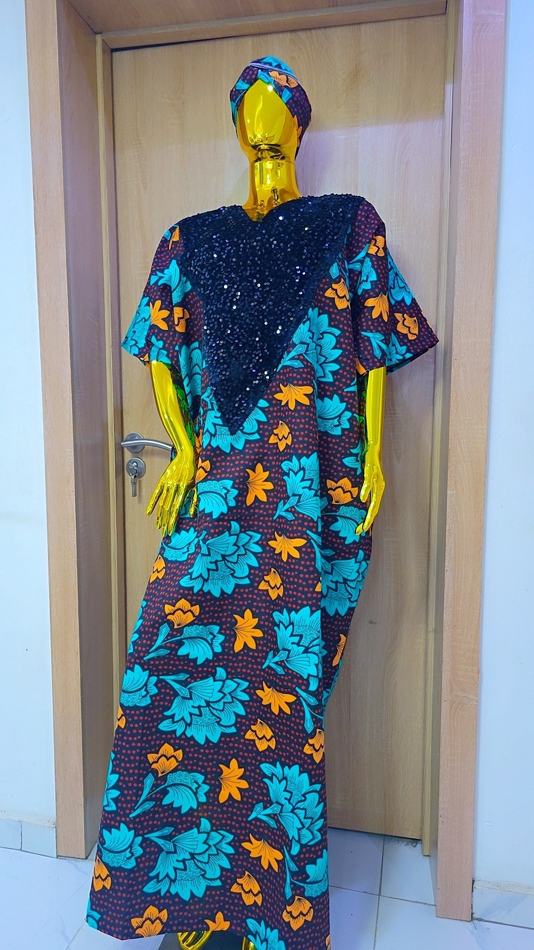 Luxury Ankara Silk Bubu Gown – Teal Floral Bloom