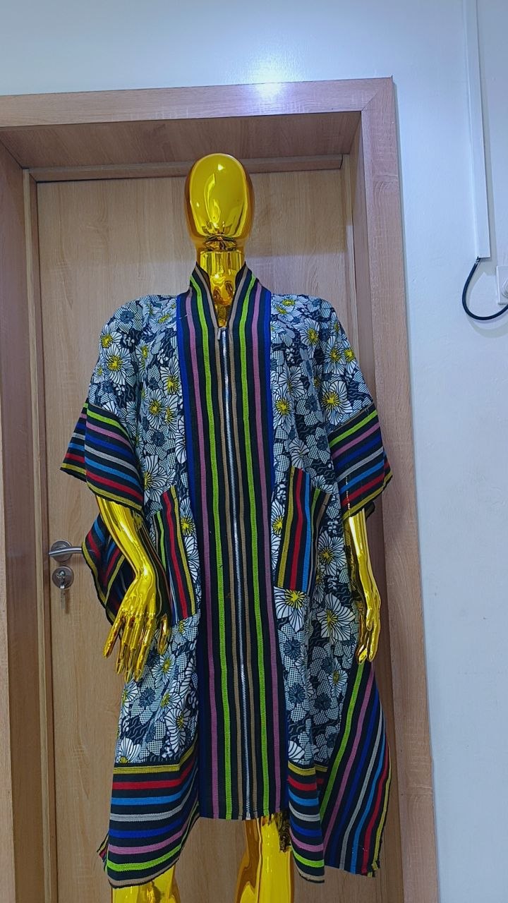 Premium Front-Zip Ankara Bubu Dress – Technicolor Trim Midnight Daisy