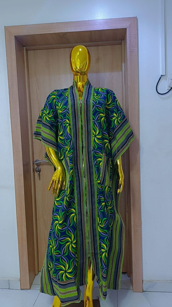Premium Front-Zip Ankara Bubu Dress – Teal & Sunshine Yellow Pinwheel