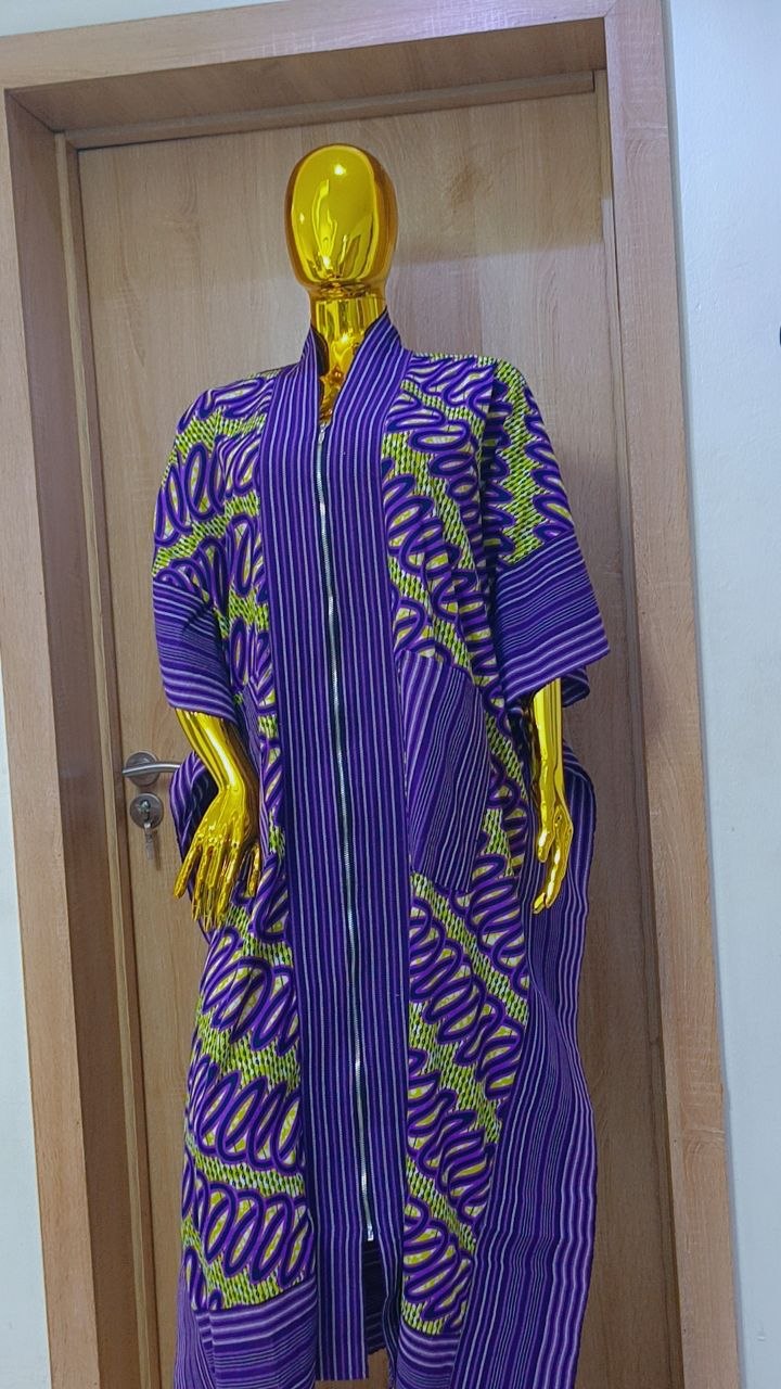 Premium Front-Zip Ankara Bubu Dress – Grape Purple & Neon Lime Swirl