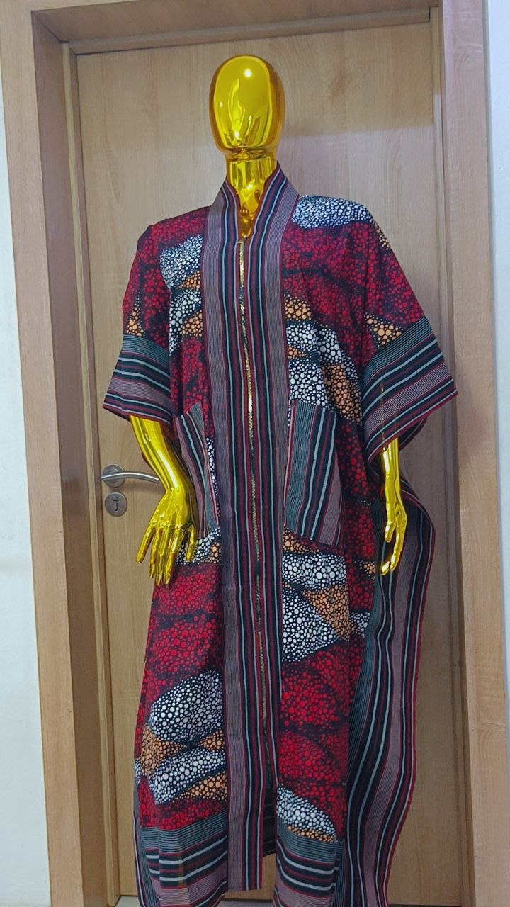 Premium Front-Zip Ankara Bubu Dress – Crimson & Indigo Mosaic