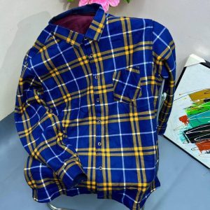 Men's Fleece-Lined Winter Plaid Button-Down Shirt - Royal Blue & Gold/Yellow Grid