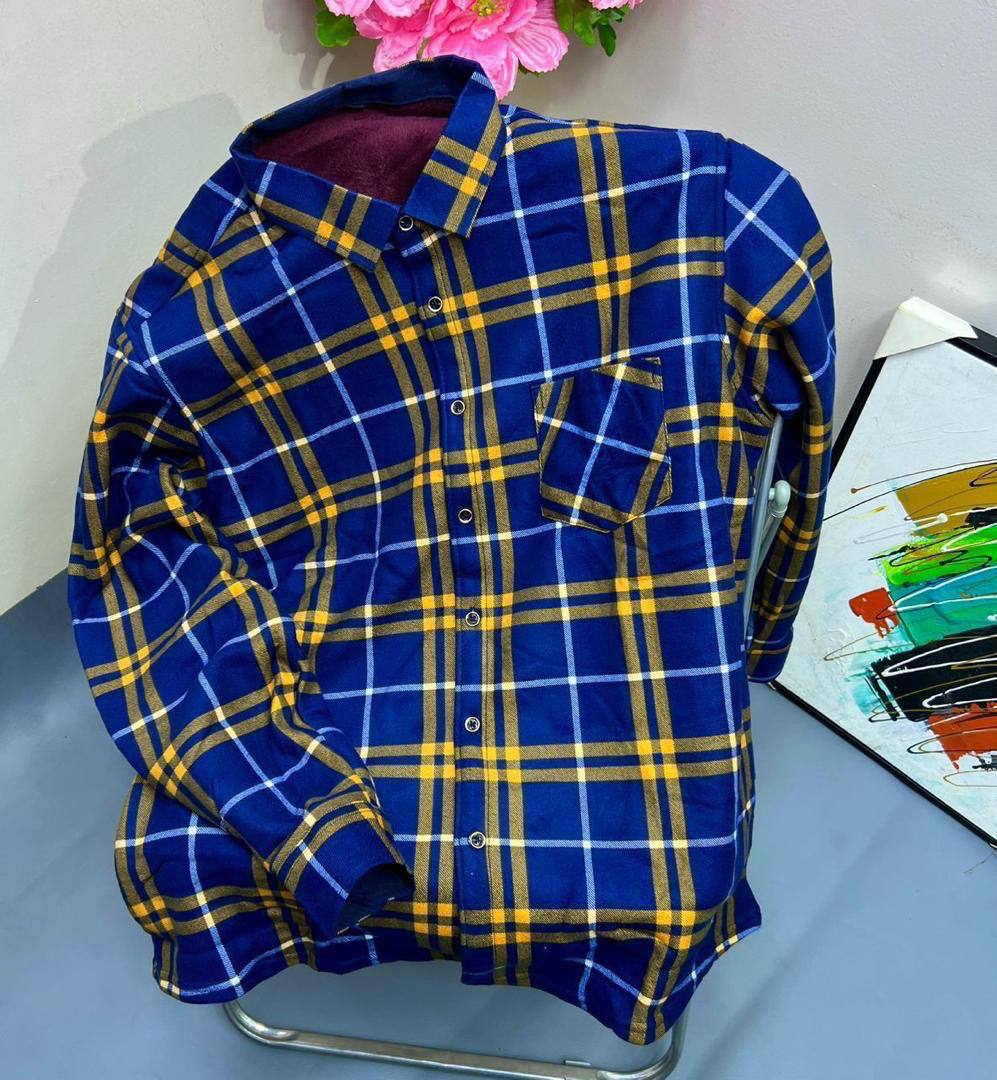 Men's Fleece-Lined Winter Plaid Button-Down Shirt - Royal Blue & Gold/Yellow Grid