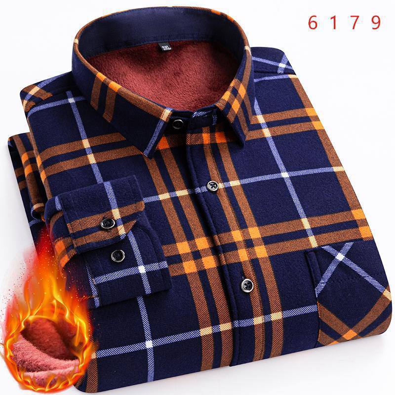 Men's Fleece-Lined Winter Plaid Button-Down Shirt - Navy Blue, Vibrant Orange & White Plaid