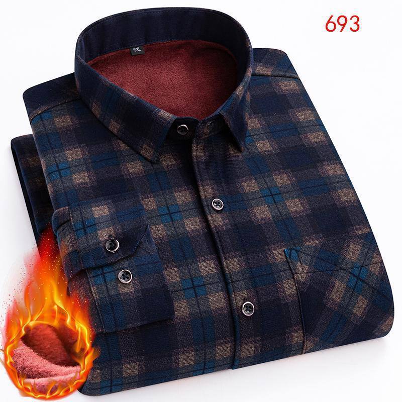 Men's Fleece-Lined Winter Plaid Button-Down Shirt - Shadow Plaid (Muted Navy & Dark Brown)