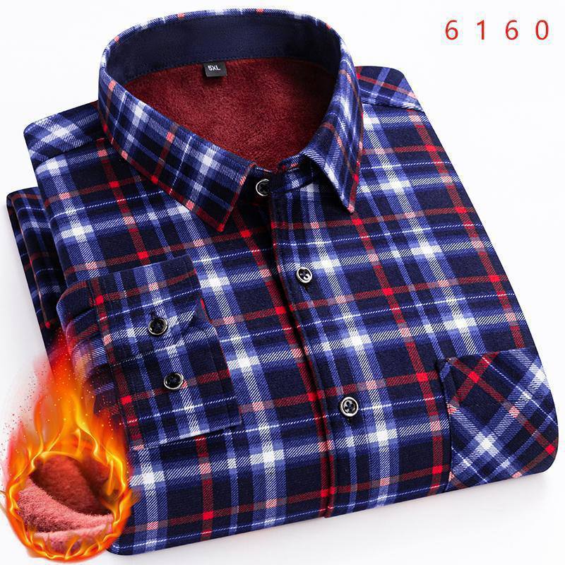 Men's Fleece-Lined Winter Plaid Button-Down Shirt - Classic Navy, Red, and White Windowpane