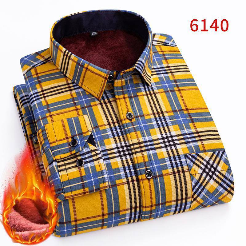 Men's Fleece-Lined Winter Plaid Button-Down Shirt - Mustard Yellow, Navy, and White Plaid