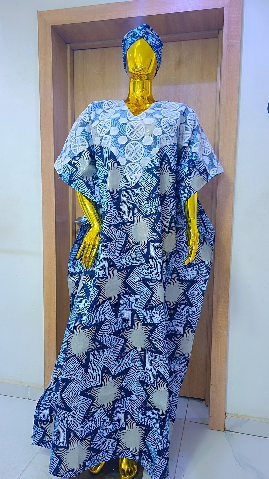 Luxury Silk Kampala Bubu Gown – Midnight Starburst Batik