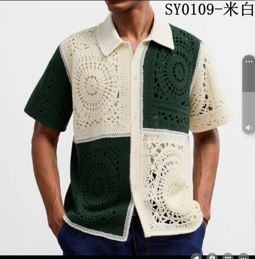 Men's Retro Crochet Knit Button-Down Shirt - Large Minimalist Colorblocked Panels in Off-White Cream and Deep Forest Green