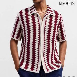Men's Retro Crochet Knit Button-Down Shirt - Retro Vertical Chevron Zig-Zag Waves in Rich Maroon/Burgundy and Cream