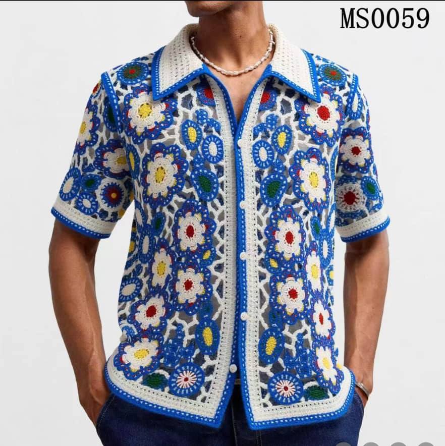 Men's Retro Crochet Knit Button-Down Shirt - Bold Cobalt Blue Bordering Layered White, Yellow, and Red Floral Medallions