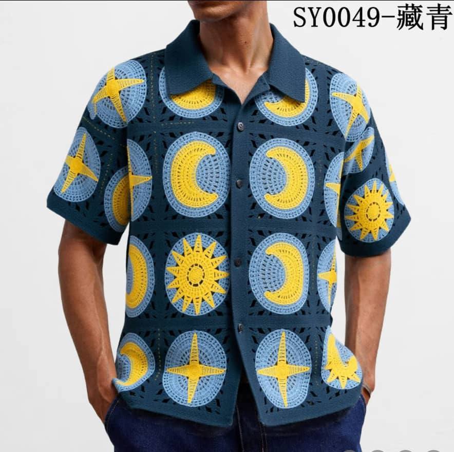 Men's Retro Crochet Knit Button-Down Shirt - Celestial Sun, Moon, and Star Motifs on a Dark Teal/Navy Blue Base