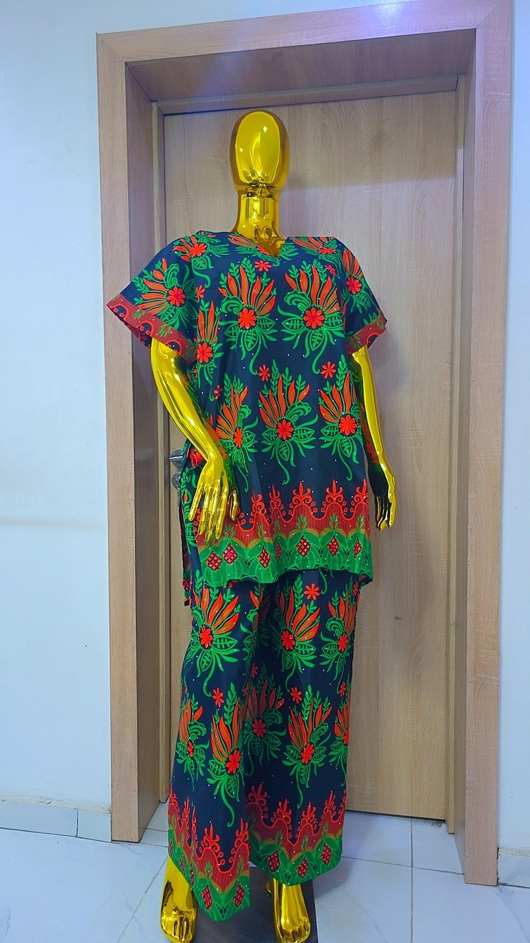 Luxury Two-Piece Ankara Set – Emerald & Orange Midnight Forest