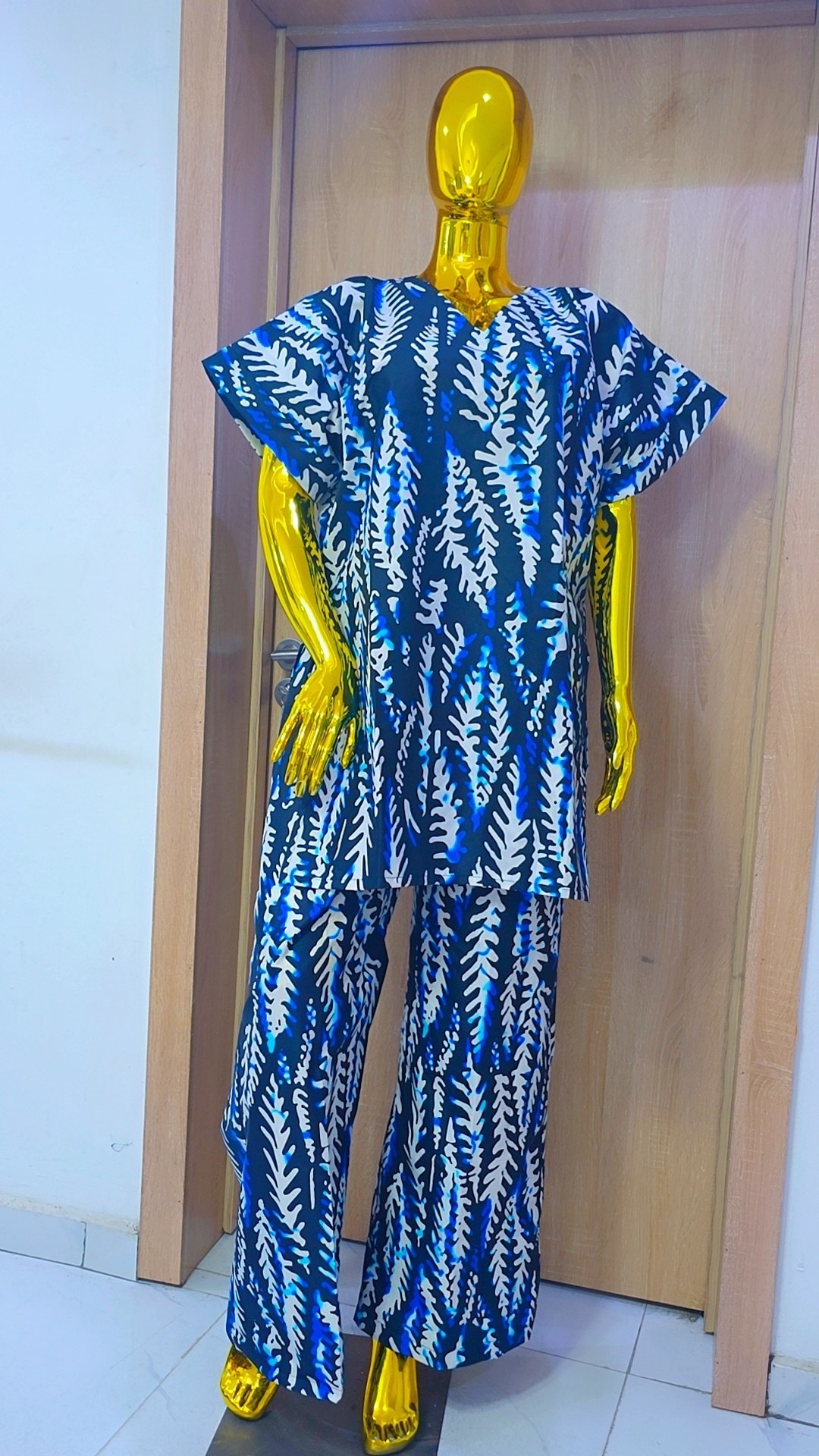 Luxury Two-Piece Adire Set – Electric Blue Fern Kampala