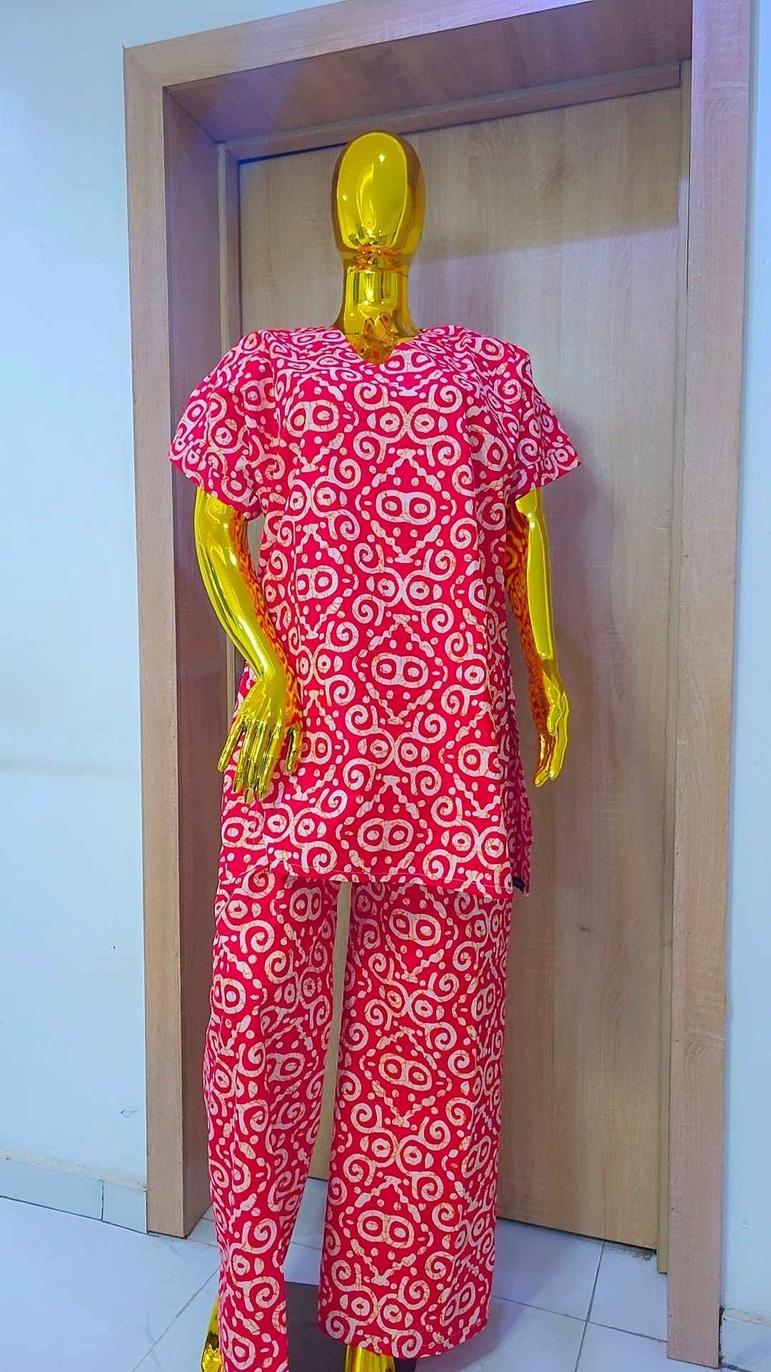 Luxury Two-Piece Adire Set – Crimson Red Spiral Batik
