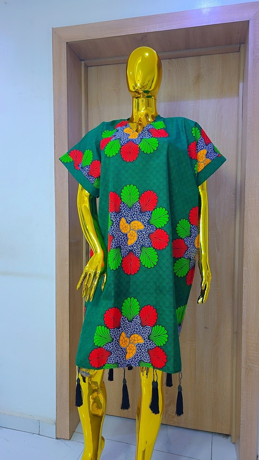 Short Tassel Ankara Kaftan – Emerald Green Mandala Burst