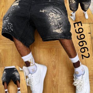 Men's Urban Streetwear Distressed Denim Shorts – Cream Calligraphy Splatter