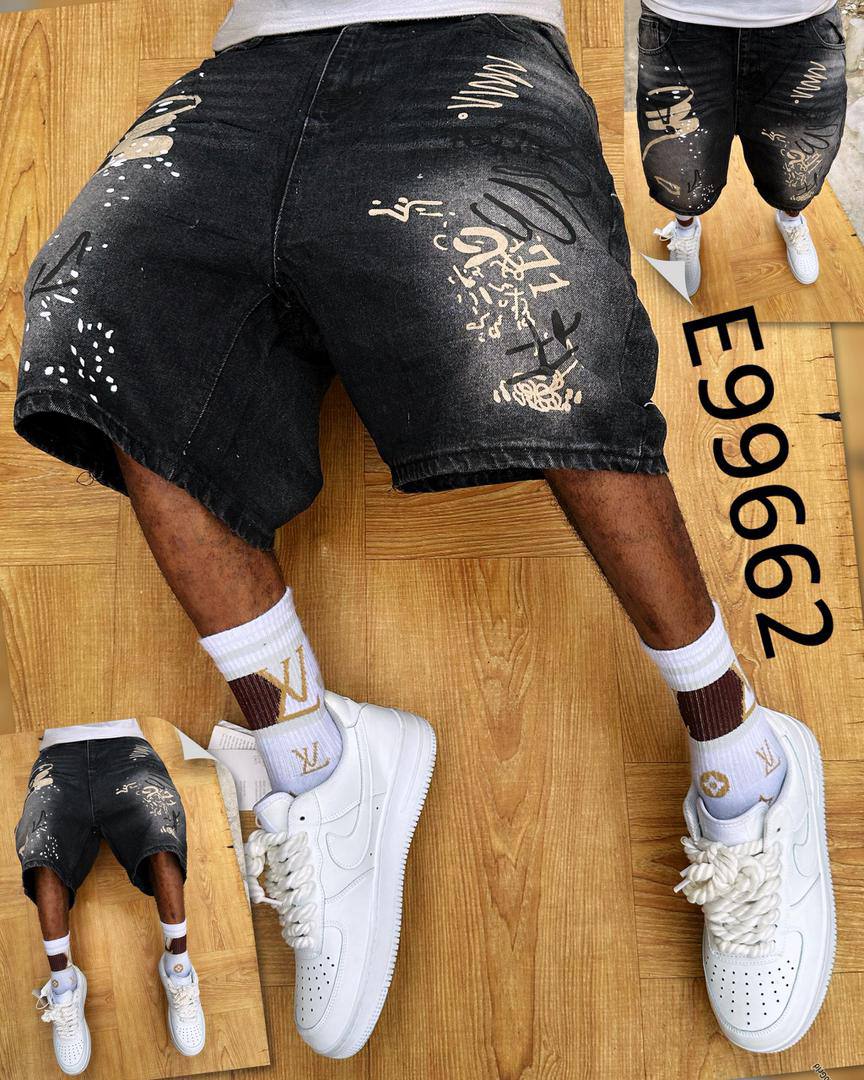 Men's Urban Streetwear Distressed Denim Shorts – Cream Calligraphy Splatter