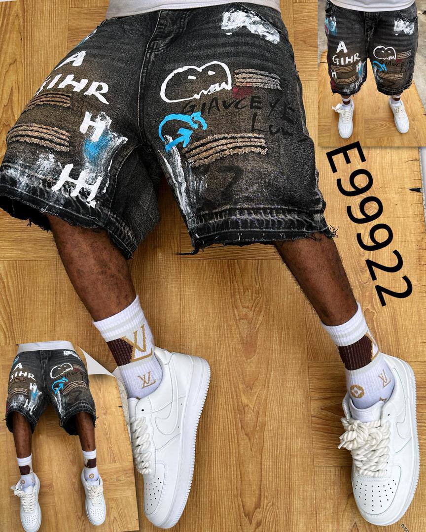 Men's Urban Streetwear Distressed Denim Shorts – Multi-Graphic Graffiti