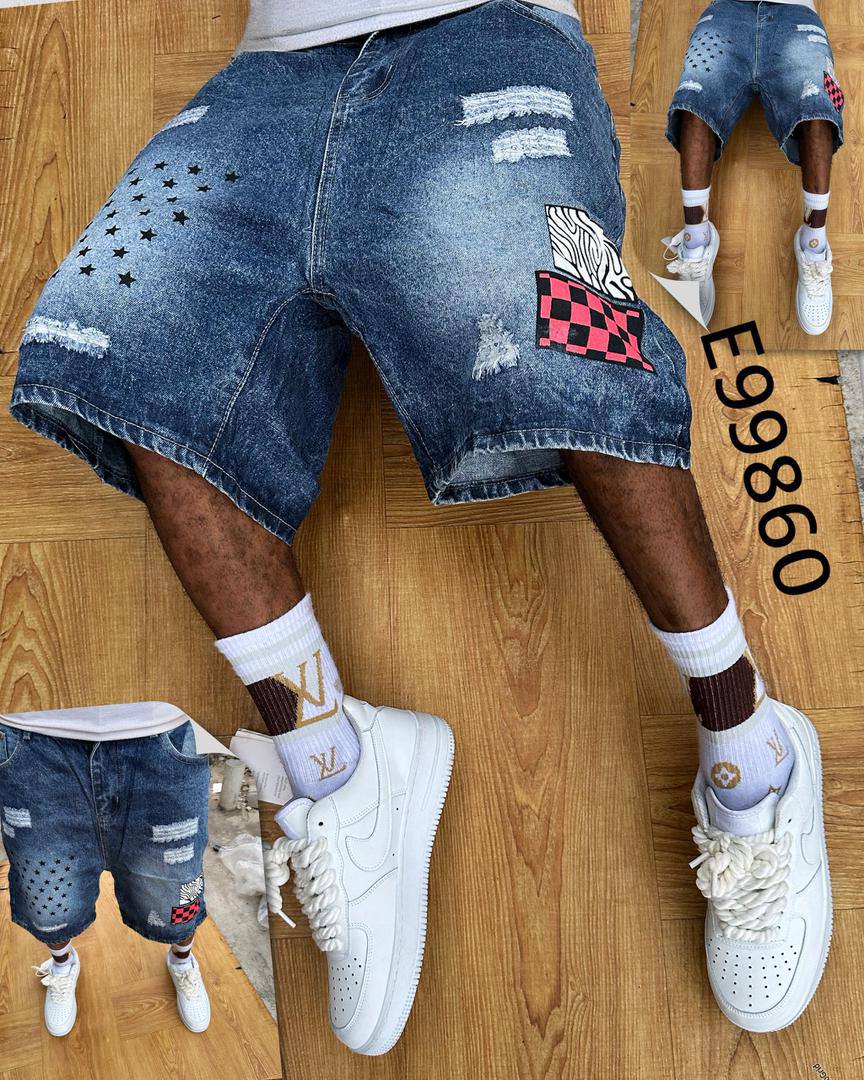 Men's Urban Streetwear Distressed Denim Shorts – Star Patch & Checkerboard