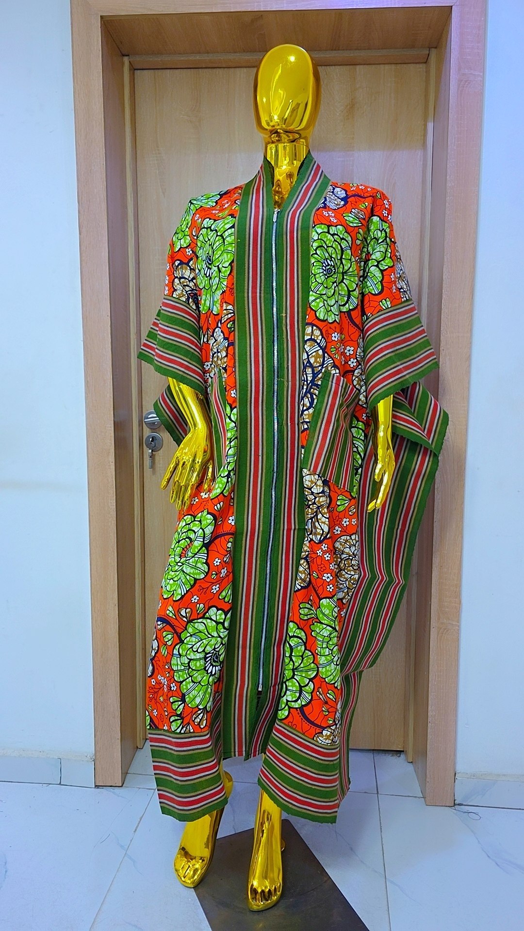 Luxury Front-Zip Ankara Bubu Dress – Tangerine & Ivy Green Bloom
