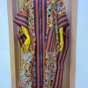 Luxury Front-Zip Ankara Bubu Dress – Terracotta Chevron & Autumn Leaf (Copy)