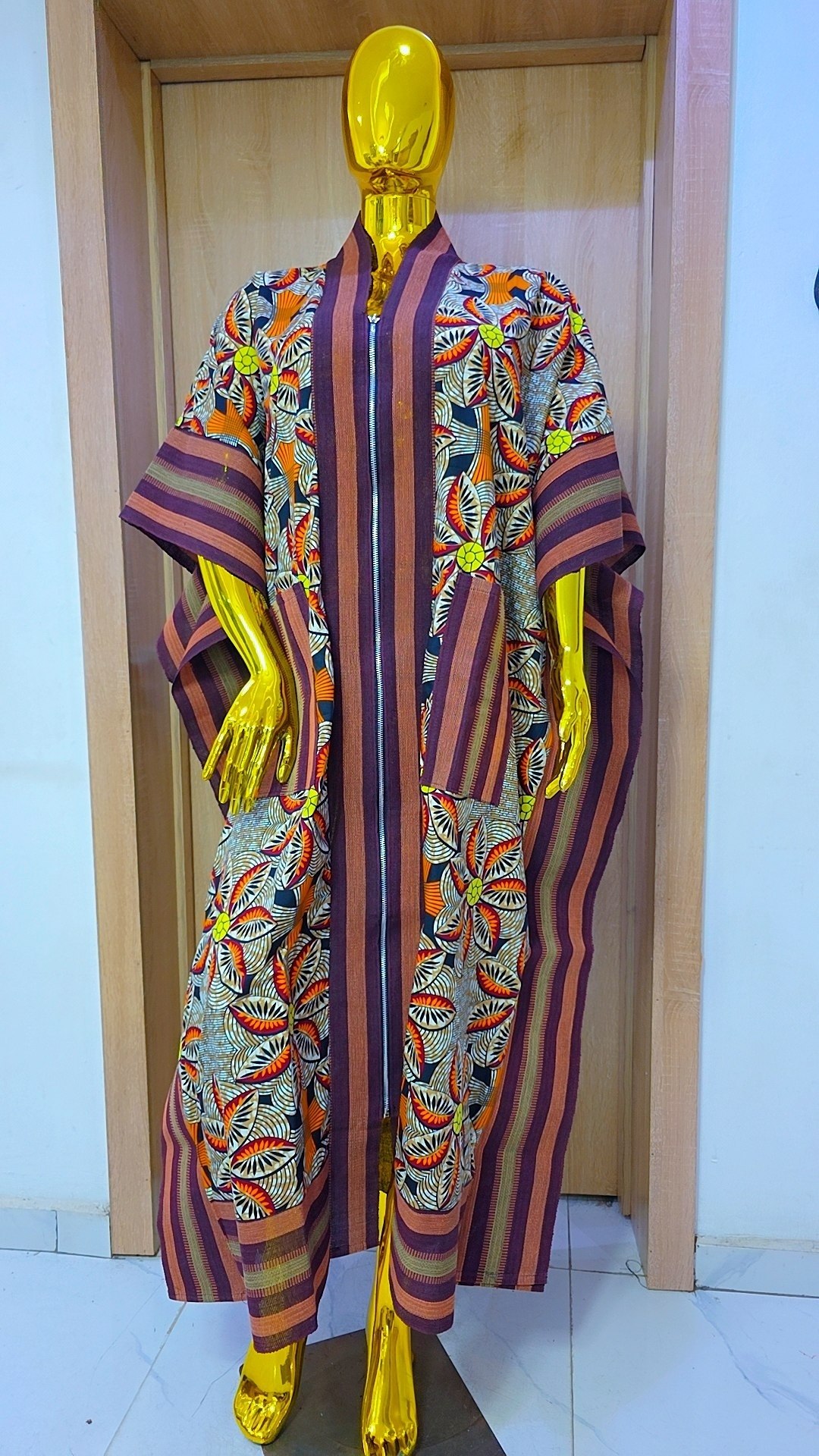 Luxury Front-Zip Ankara Bubu Dress – Terracotta Chevron & Autumn Leaf