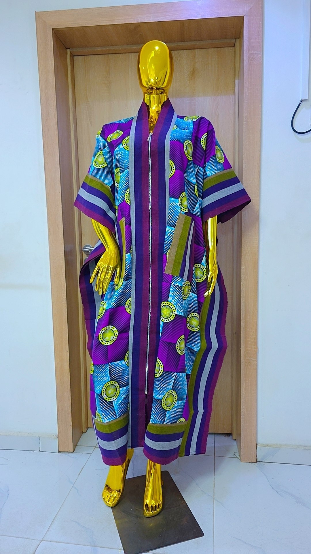 Luxury Front-Zip Ankara Bubu Dress – Royal Purple & Teal Geometric