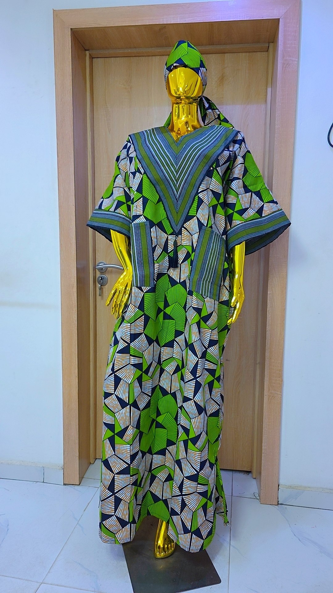 Luxury Floor-Length Ankara Bubu Kaftan – Lime Green Geometric Prism