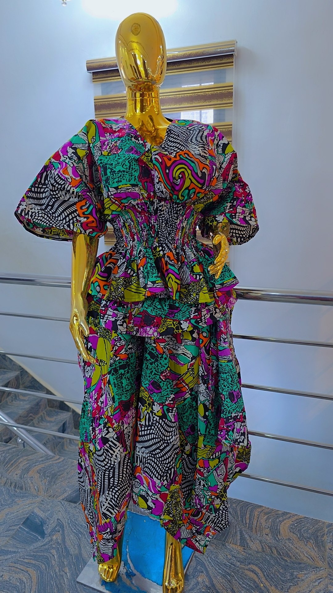 Premium Smocked Peplum Two-Piece Set – Golden Kaleidoscope Rosette