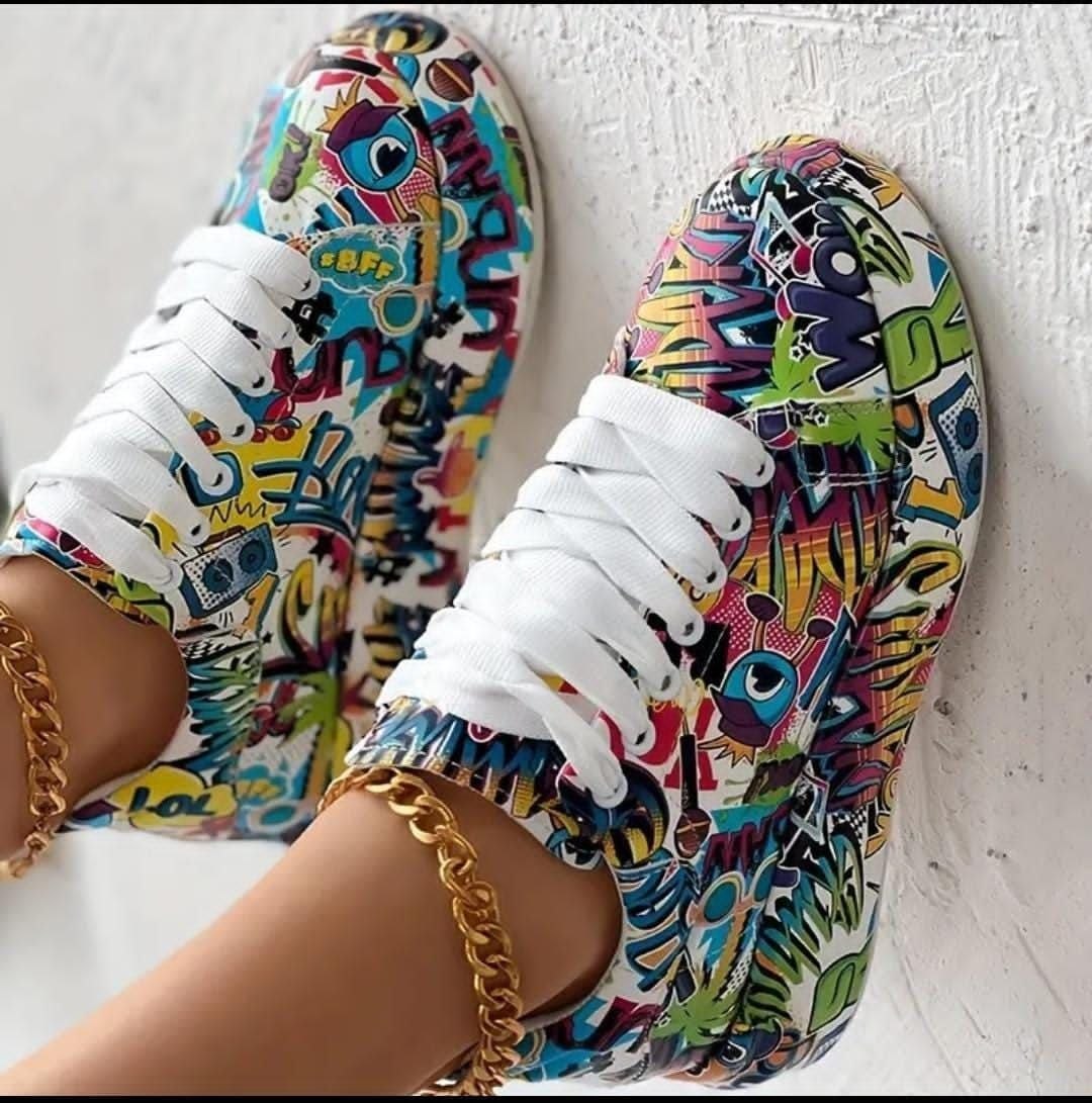 Women's "Vegas Hype" Graphic Monogram Skate Sneakers - Retro Pop Graffiti