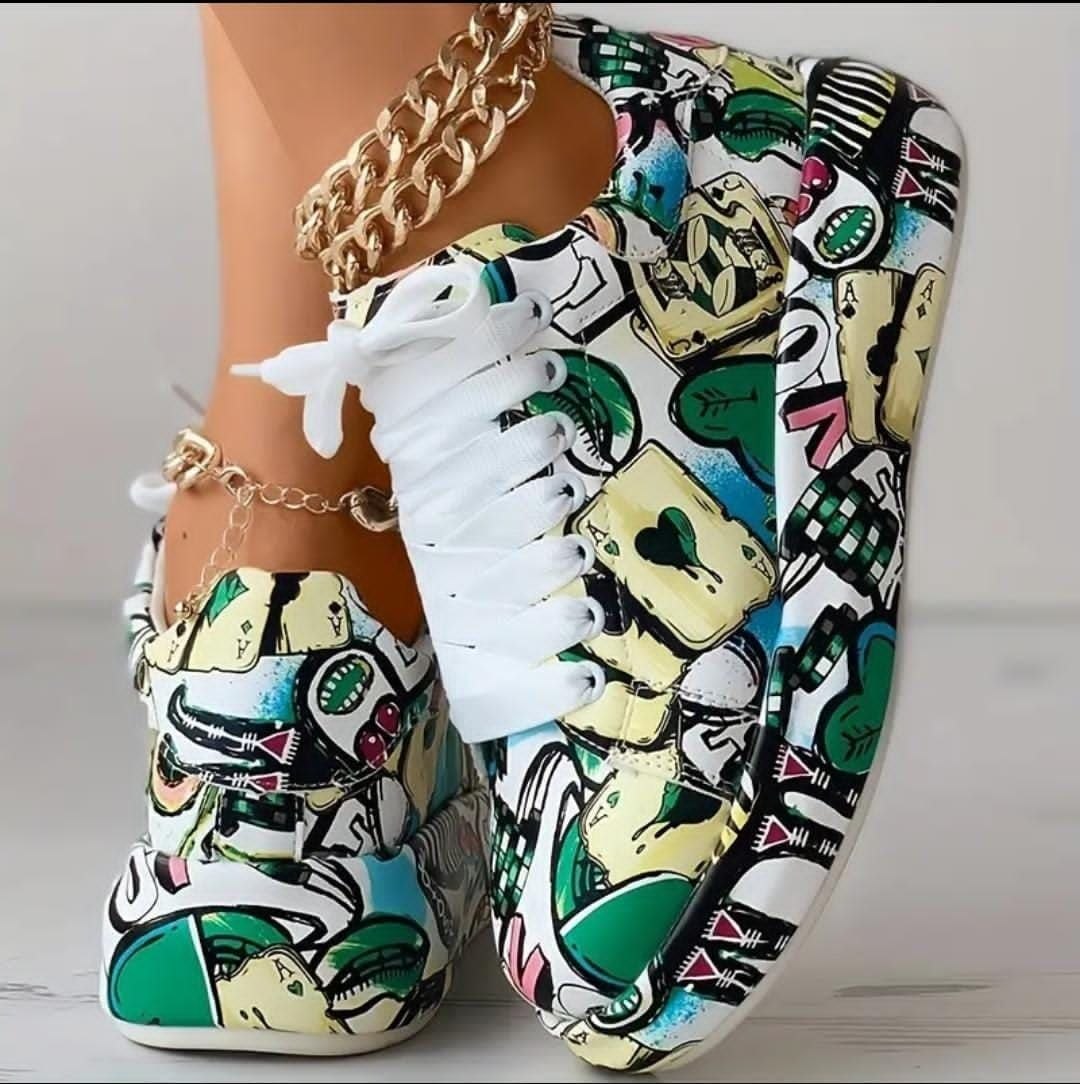 Women's "Vegas Hype" Graphic Monogram Skate Sneakers - Green Spade & Ace