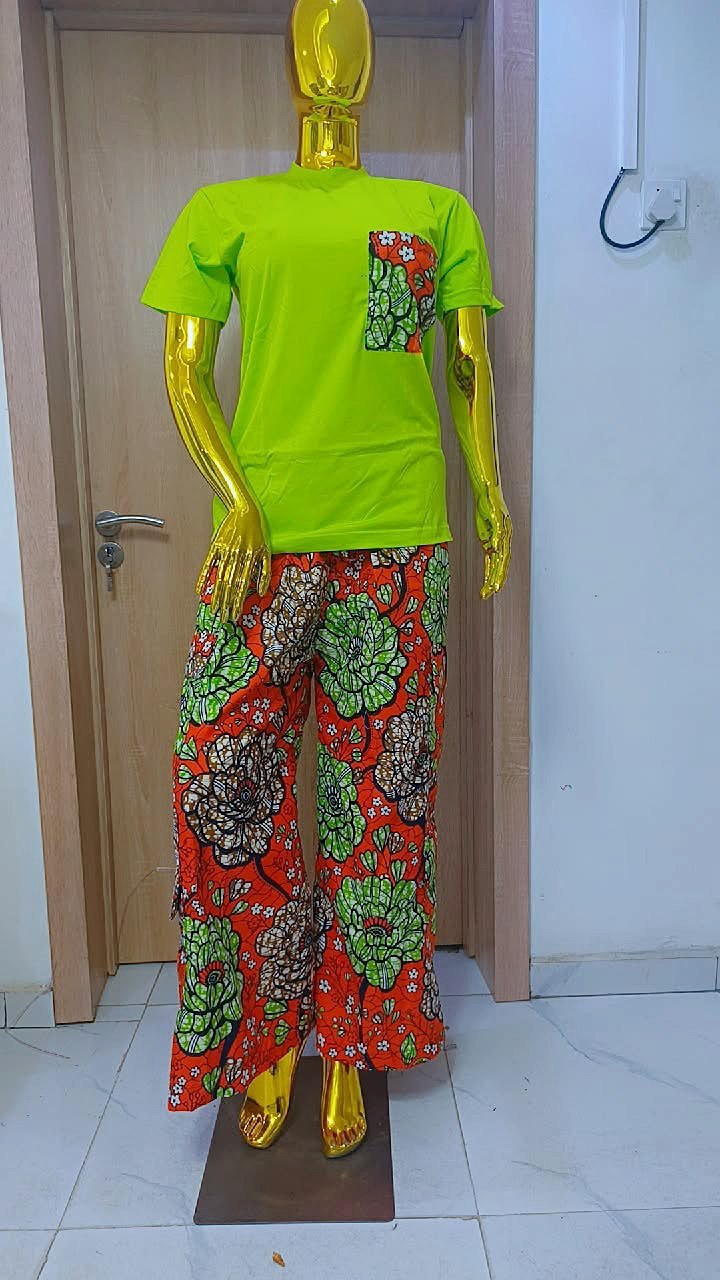 Premium Polo Tee & Wide-Leg Cargo Set – Lime & Tangerine Blossom