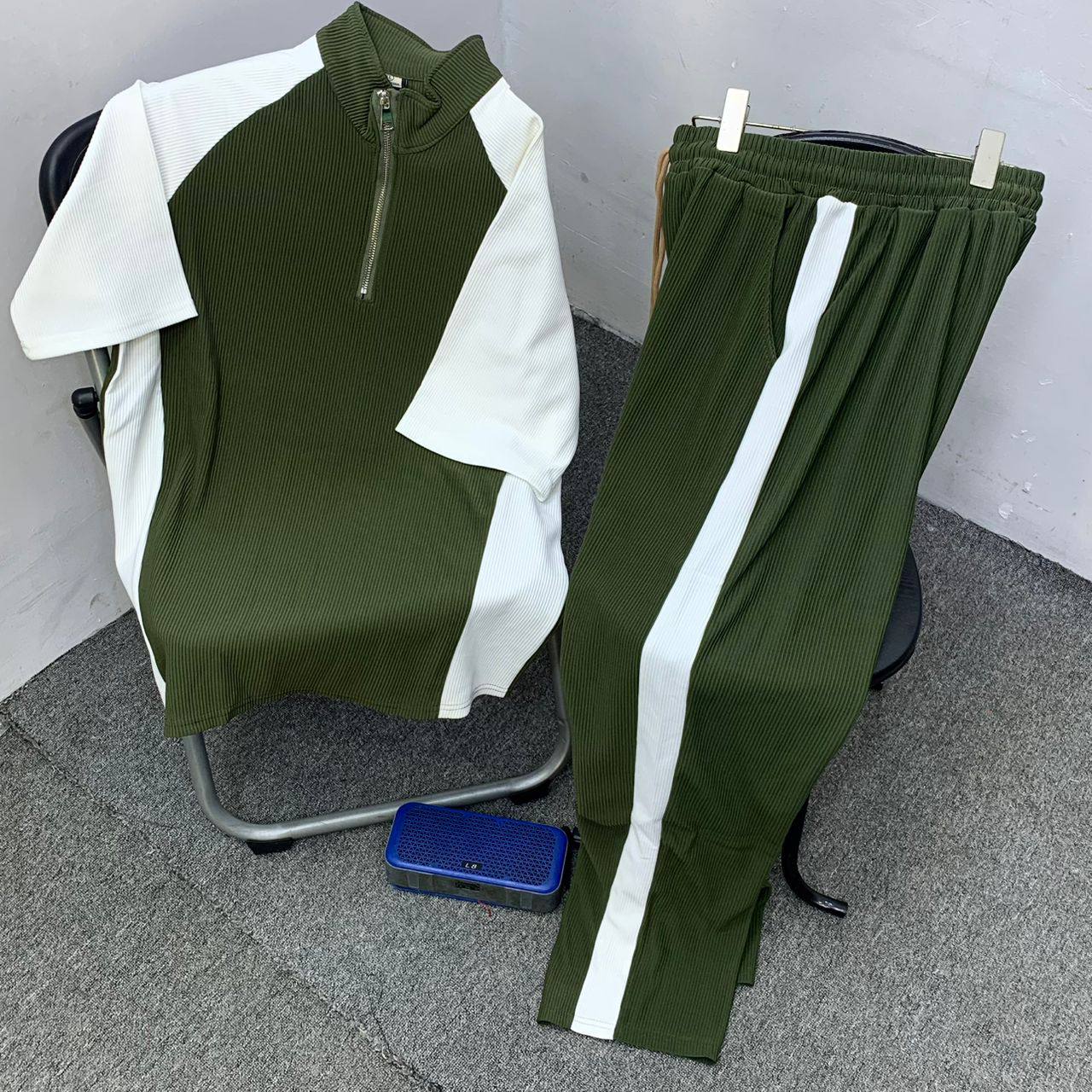 Army Green & White Quarter-Zip Polo and Trousers Set