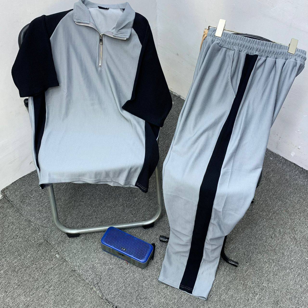 Men's Plissé Pleated Quarter-Zip Polo and Trousers Set - Ice Blue Base (with Black Accent Panels)
