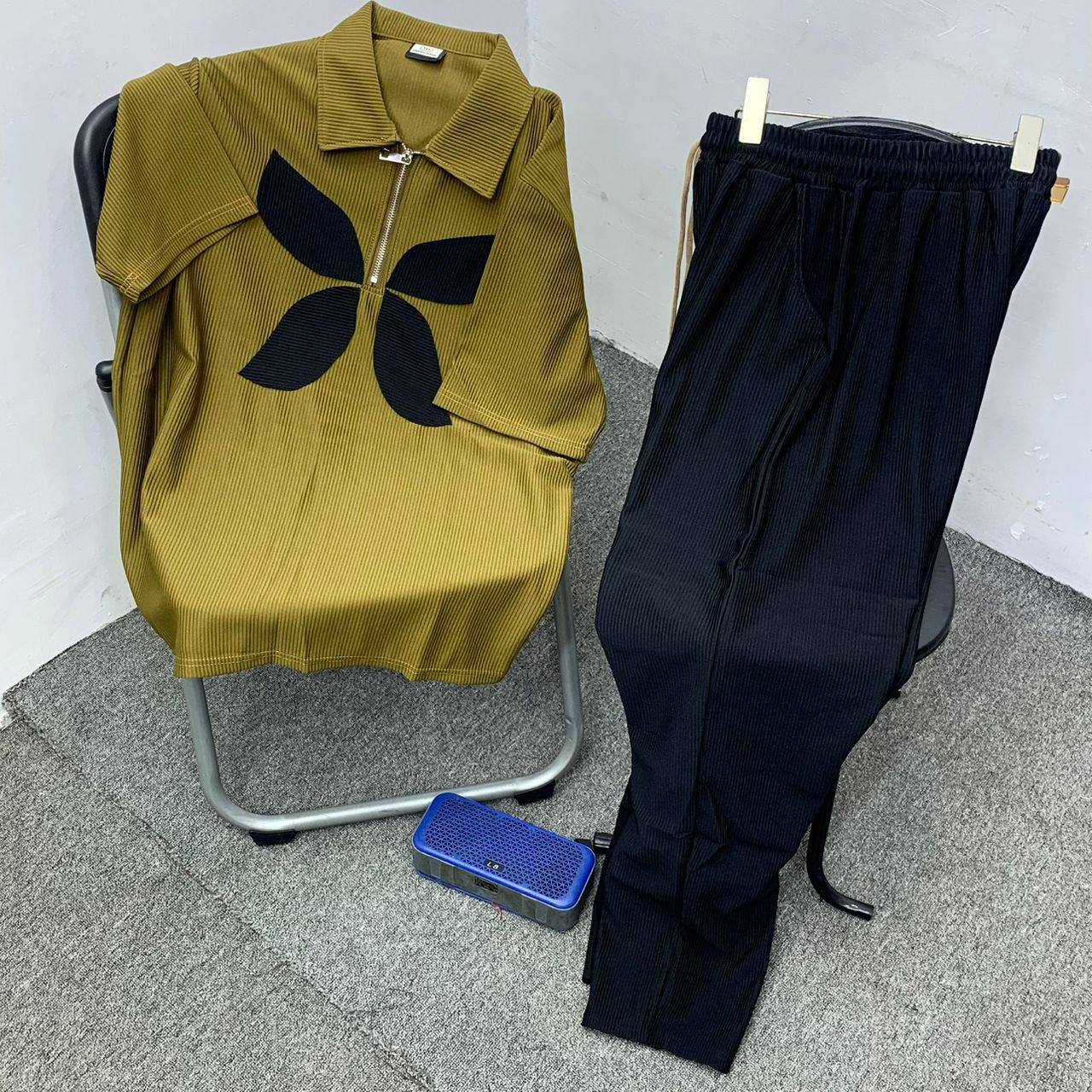 Men's Plissé Pleated Quarter-Zip Polo and Trousers
