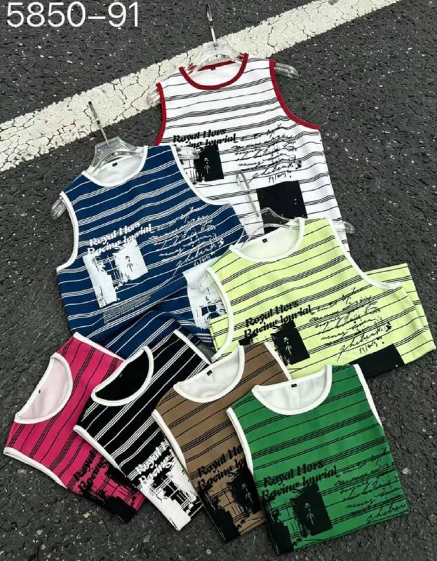Royal Hors" Script & Thin Stripes Tank Tops