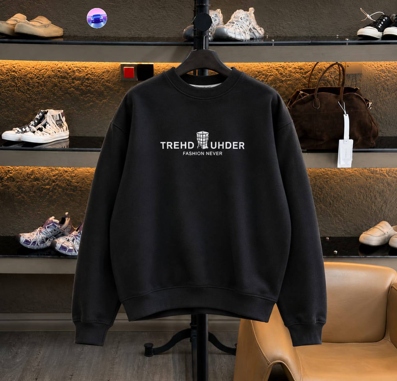 Premium Minimalist Urban Crewneck Sweatshirt + bold "TREHD UHDER – FASHION NEVER" urban center-chest graphic