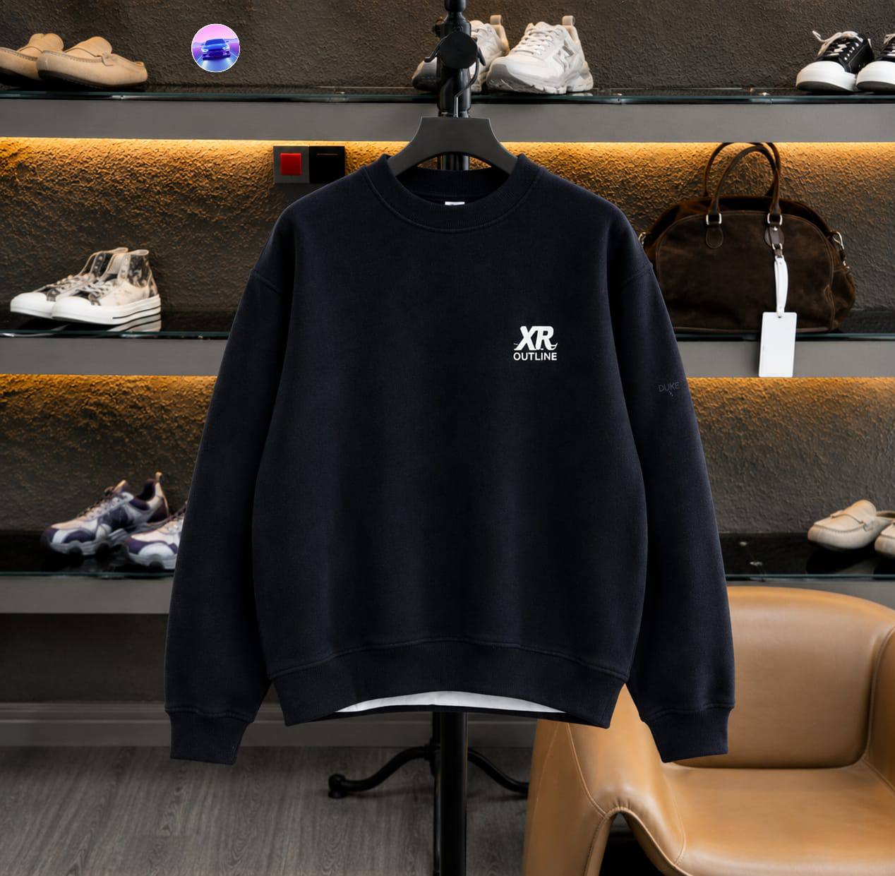 Premium Minimalist Urban Crewneck Sweatshirt + a sharp, bold "XR OUTLINE" signature graphic.